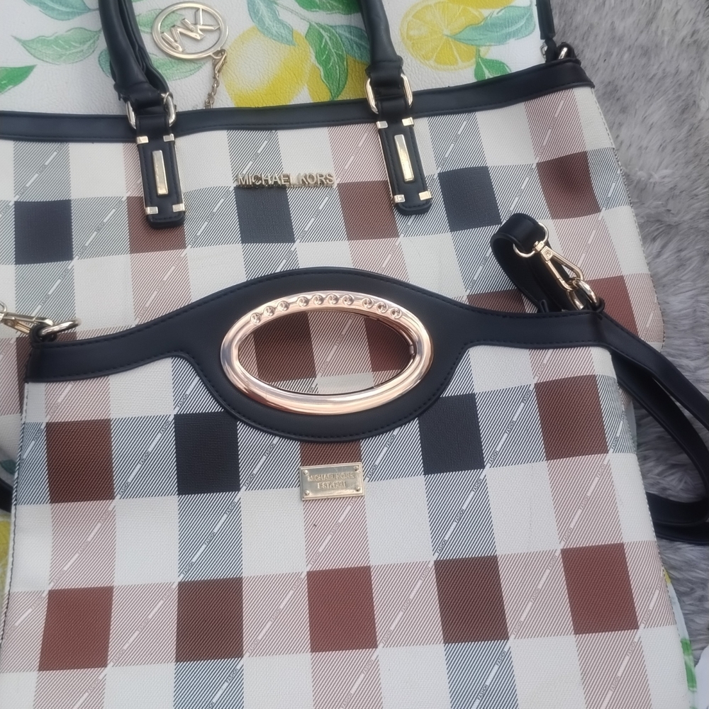 Michael Kors Black and Brown Plaid Tote
